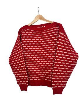 NWOT Basic Apparel (Germany) Red Cream Waffle Boatneck Fisherman Sweater | M 4 6